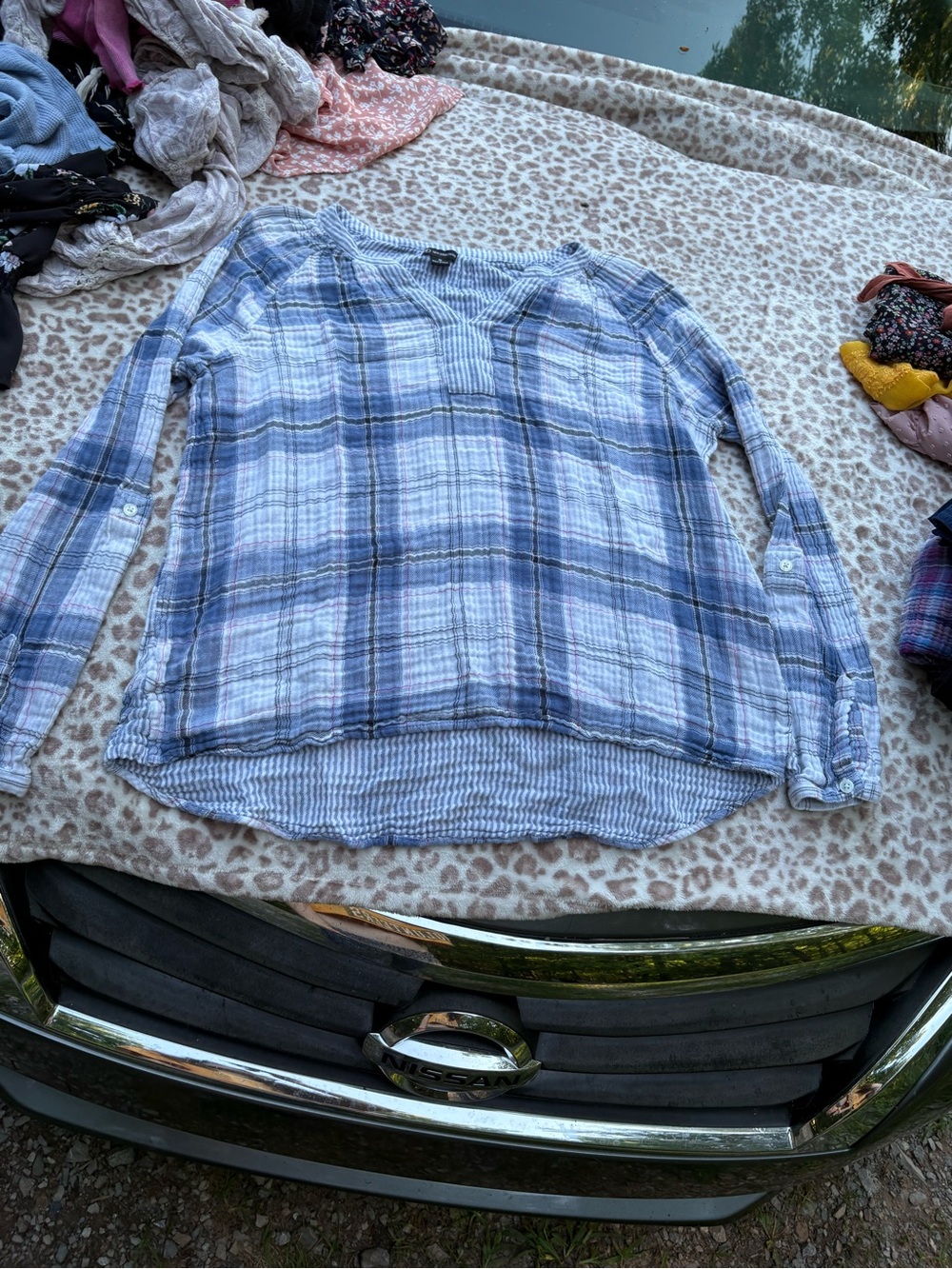 100% Cotton Blue Plaid Womens Long Sleeve Size XL